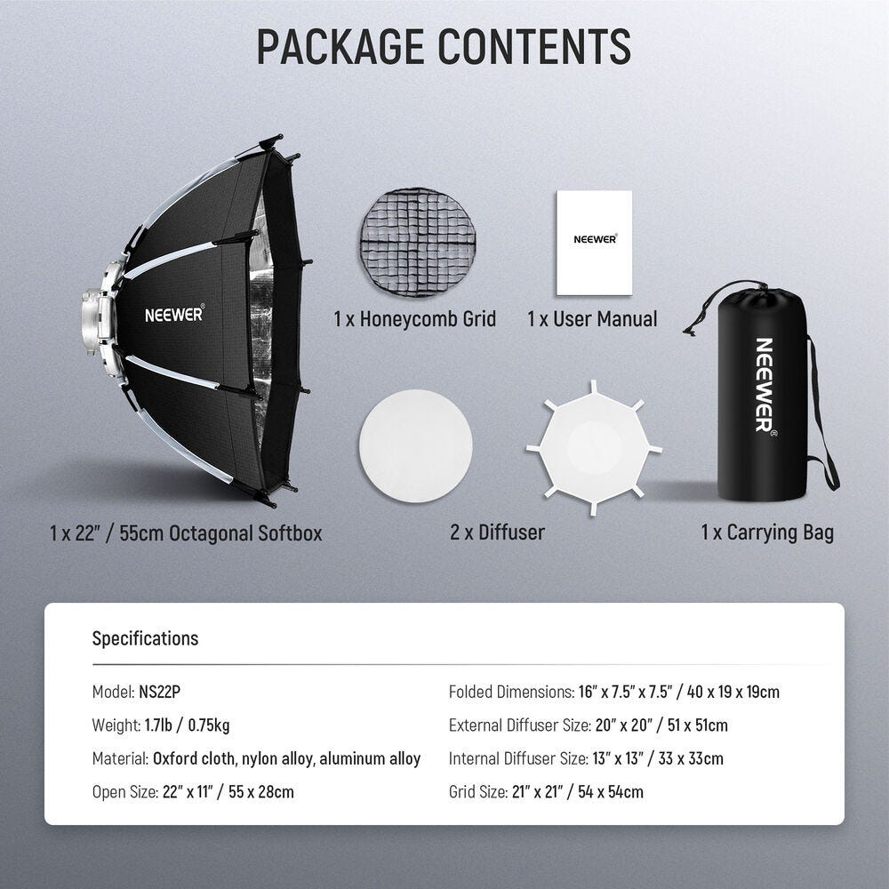 NEEWER NS22P 55cm Quick Release Octagonal Bowens Mount Softbox