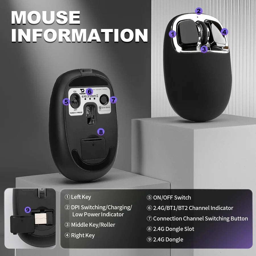YUNZII C1 Silicone Tri-Mode Wireless Mouse (Black)