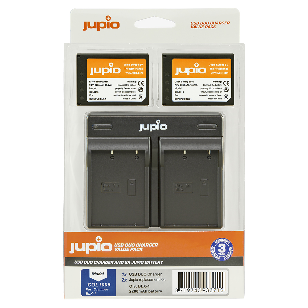 Jupio Value Pack: 2x Olympus BLX-1 Batteries & Dual Charger Kit