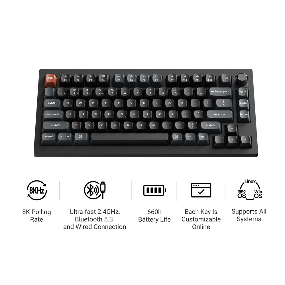 Keychron V1 Ultra 8K Wireless Mechanical Keyboard (Black) (Silk POM Switch - Red)