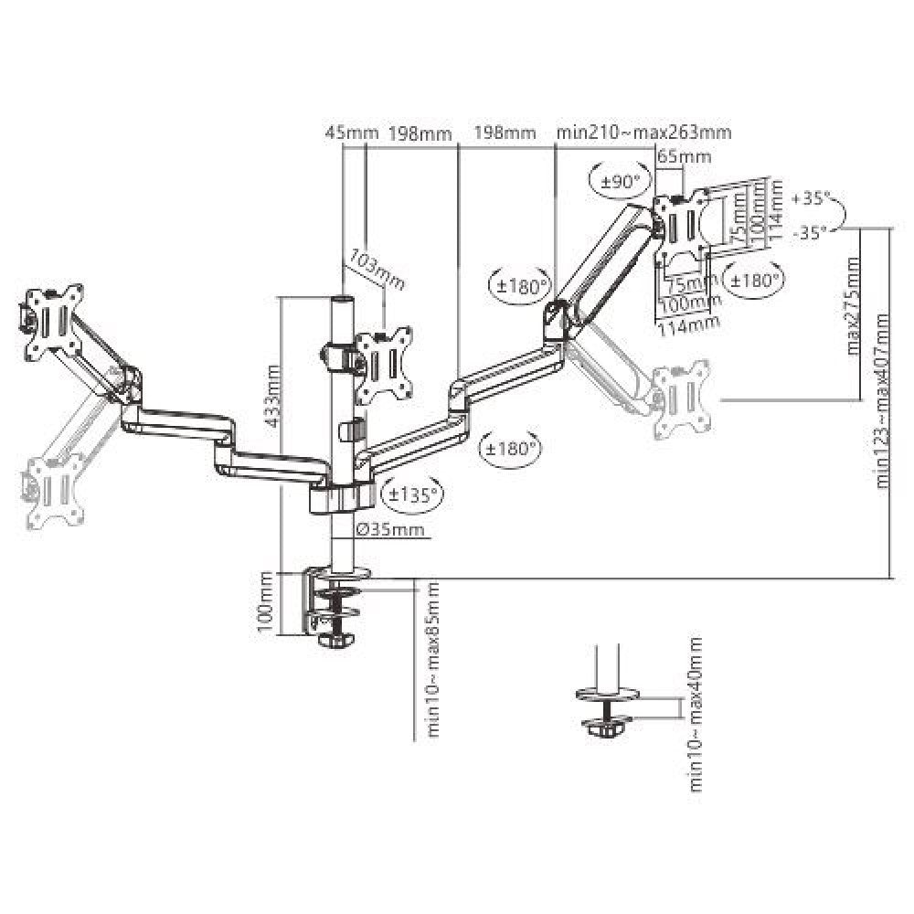 Brateck Triple Monitors Pole-Mounted Gas Spring Monitor Arm