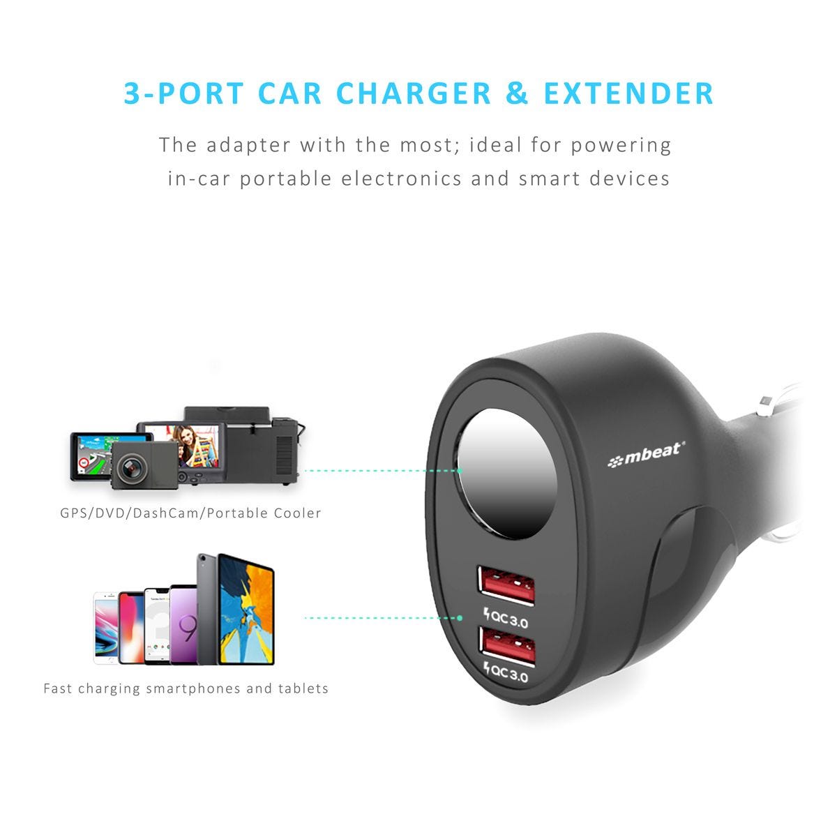 Mbeat Gorilla Power Dual Port QC 3.0 Car Charger With Cigar Lighter Socket