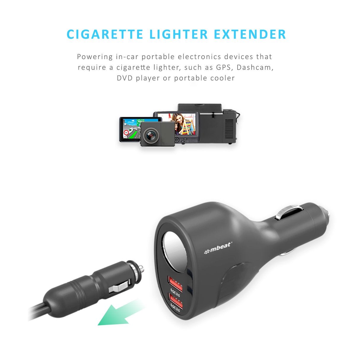 Mbeat Gorilla Power Dual Port QC 3.0 Car Charger With Cigar Lighter Socket