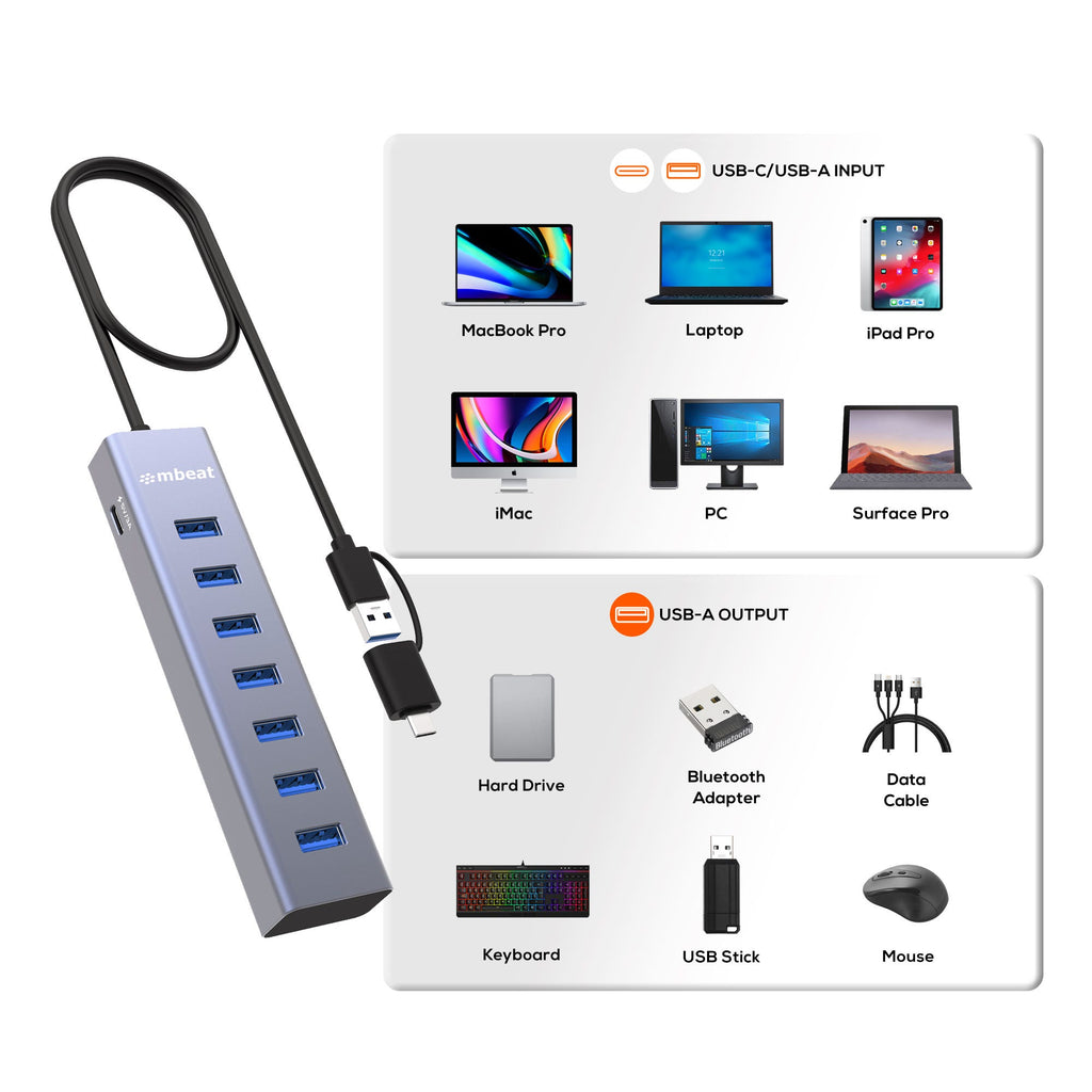 Mbeat 7-Port USB Hub with Dual USB-A & USB-C Connector