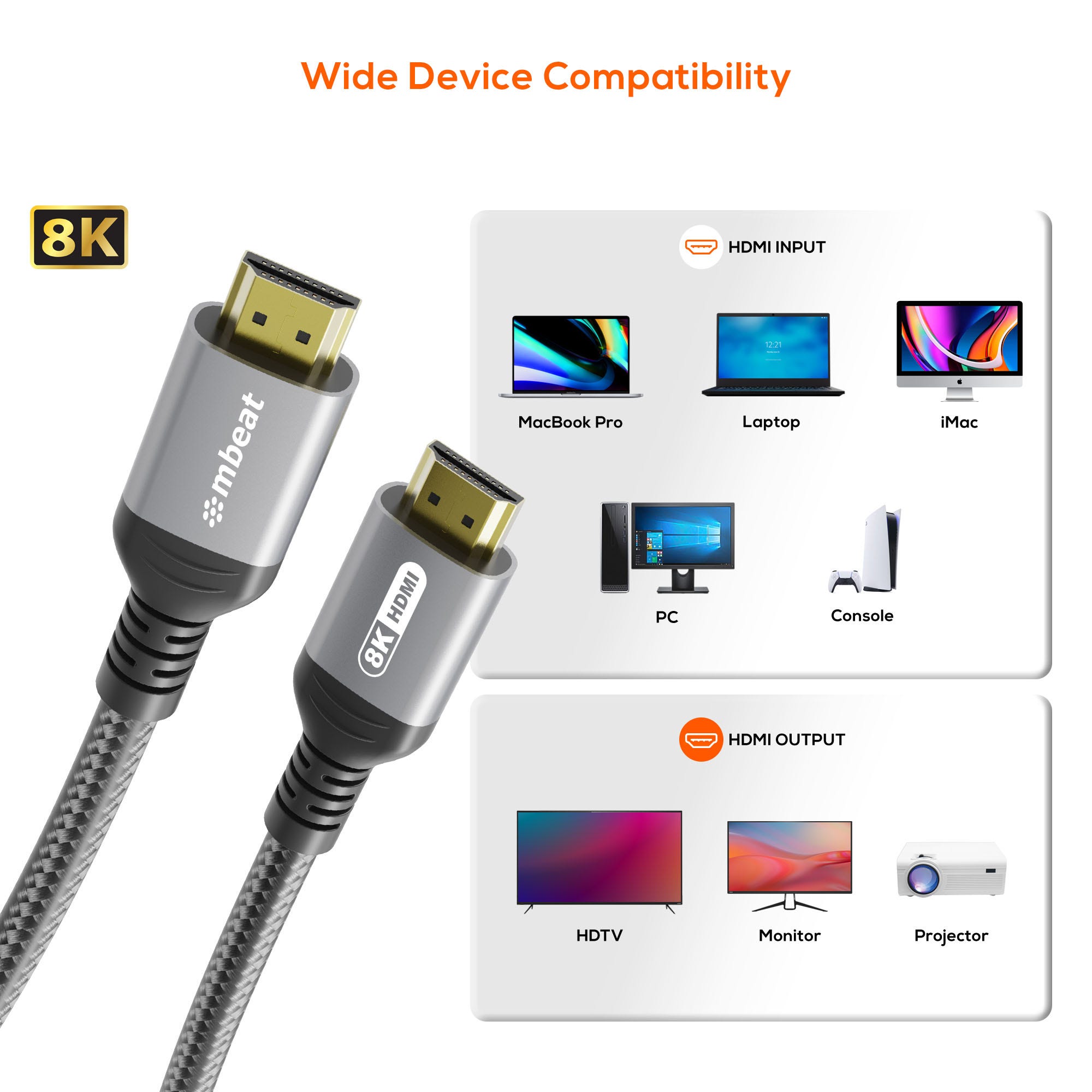 Mbeat Tough Link 1.5m Certified 8K HDMI Cable (Space Grey)