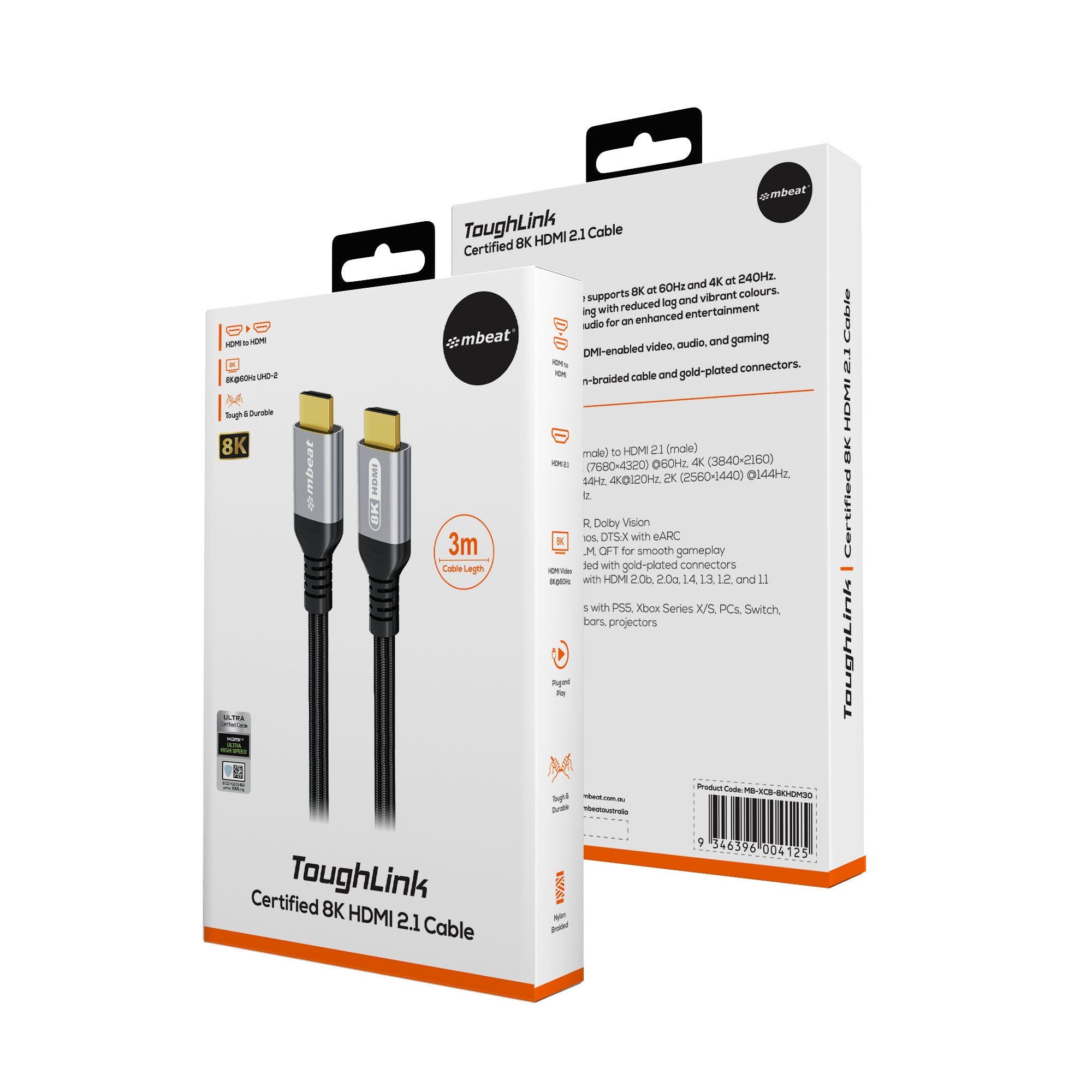 Mbeat Tough Link 3m Certified 8K HDMI Cable (Space Grey)