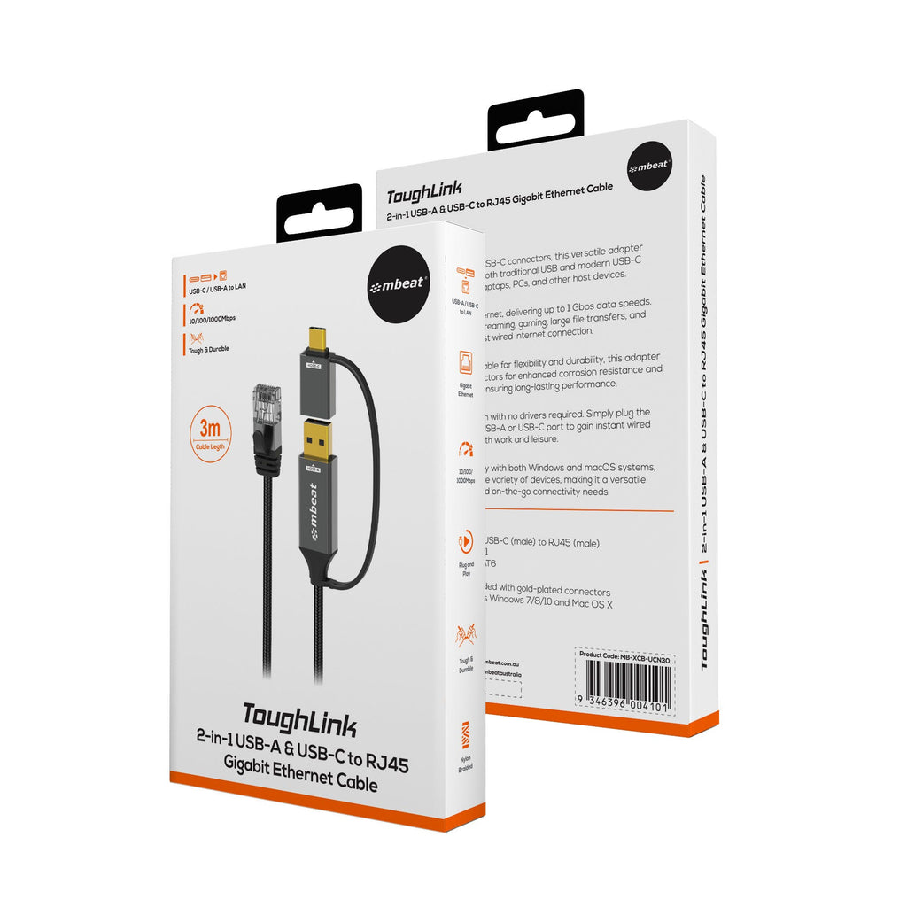 Mbeat Tough Link 3m USB and USB-C to RJ45 Ethernet Cable (Space Grey)