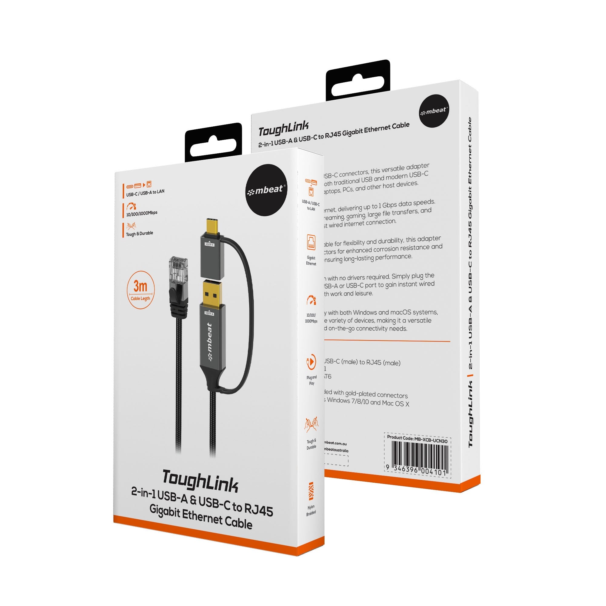Mbeat Tough Link 3m USB and USB-C to RJ45 Ethernet Cable (Space Grey)