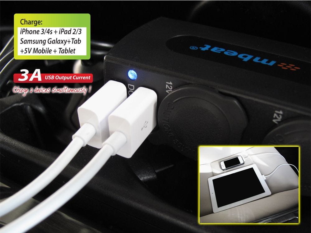 Mbeat 3A/15W dual port USB & Cigaratte Charger for phone & tablet