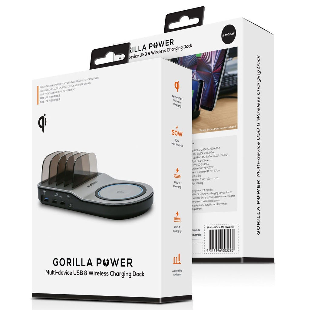 Mbeat Gorilla Power 50W Qi Certified Multi-Device USB & Wireless Charging Dock