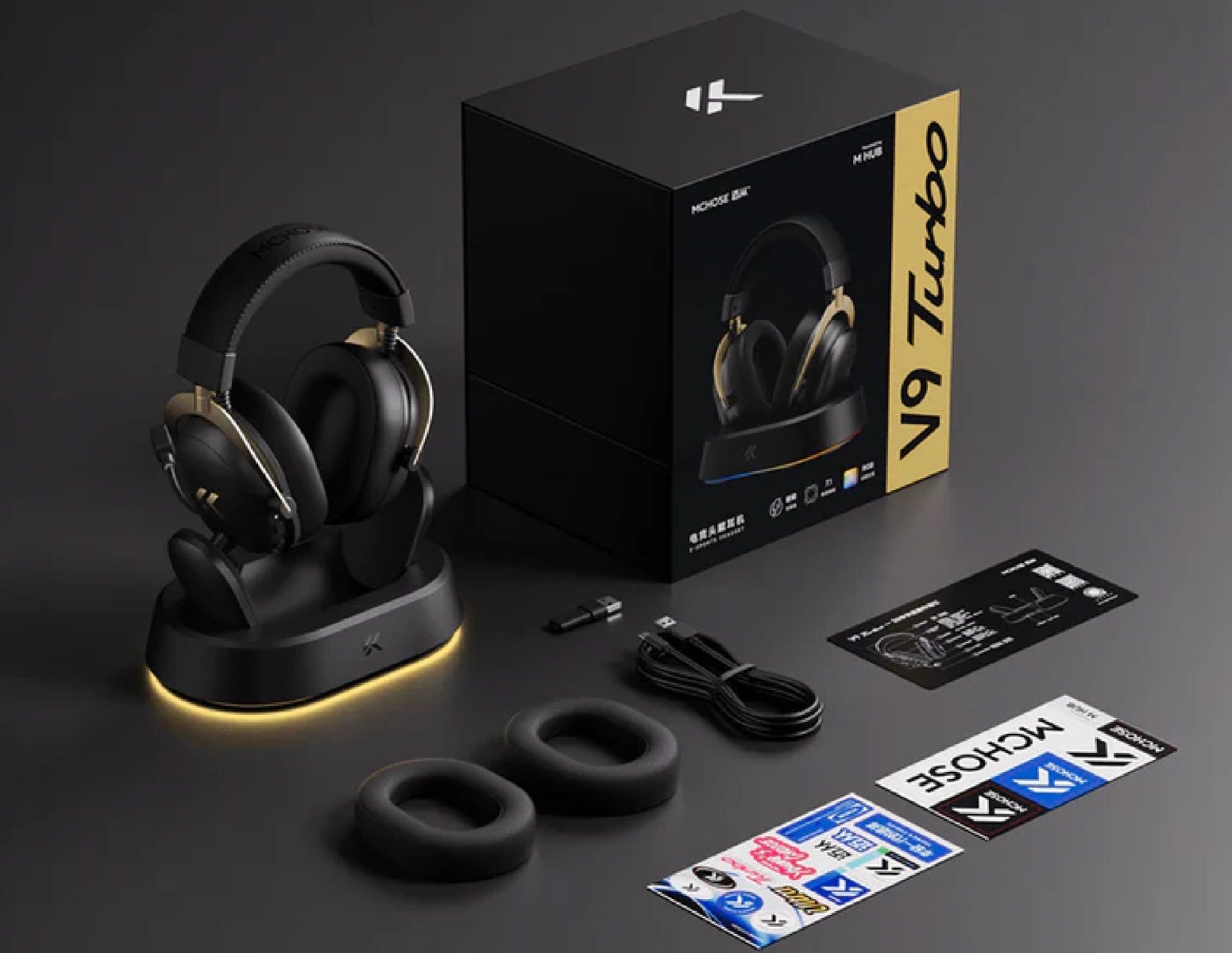MCHOSE V9 Turbo+ Wireless RGB Gaming Headset with Charging Station (Black Gold)