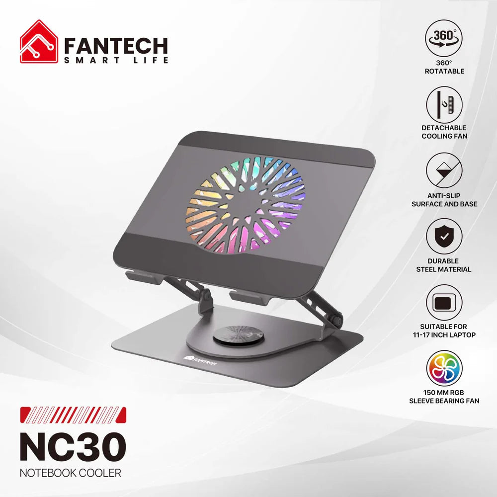 Fantech NC30 Notebook Laptop Cooler RGB Cooling Stand with 360 Rotating Base - Grey 