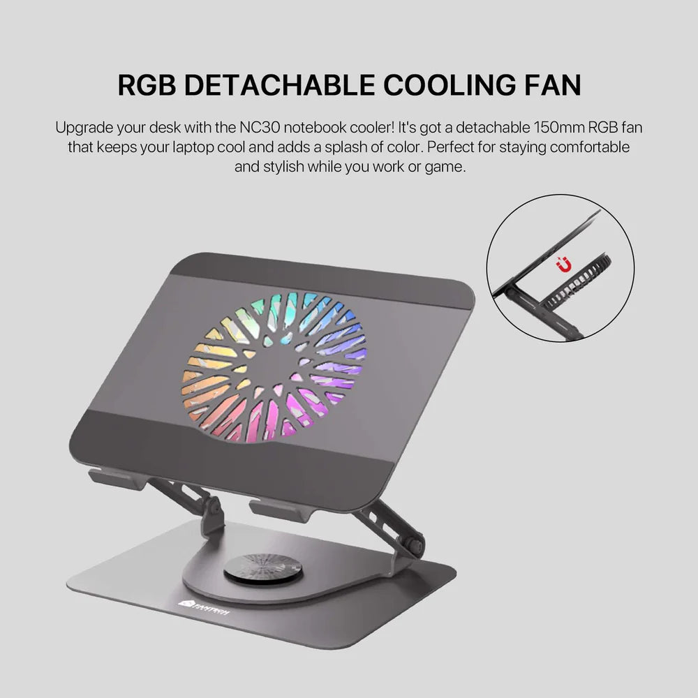 Fantech NC30 Notebook Laptop Cooler RGB Cooling Stand with 360 Rotating Base - Grey 