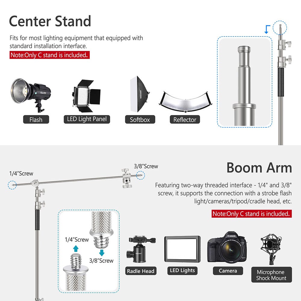 NEEWER 3.3m Metal C-Stand with Boom Arm and Wheels