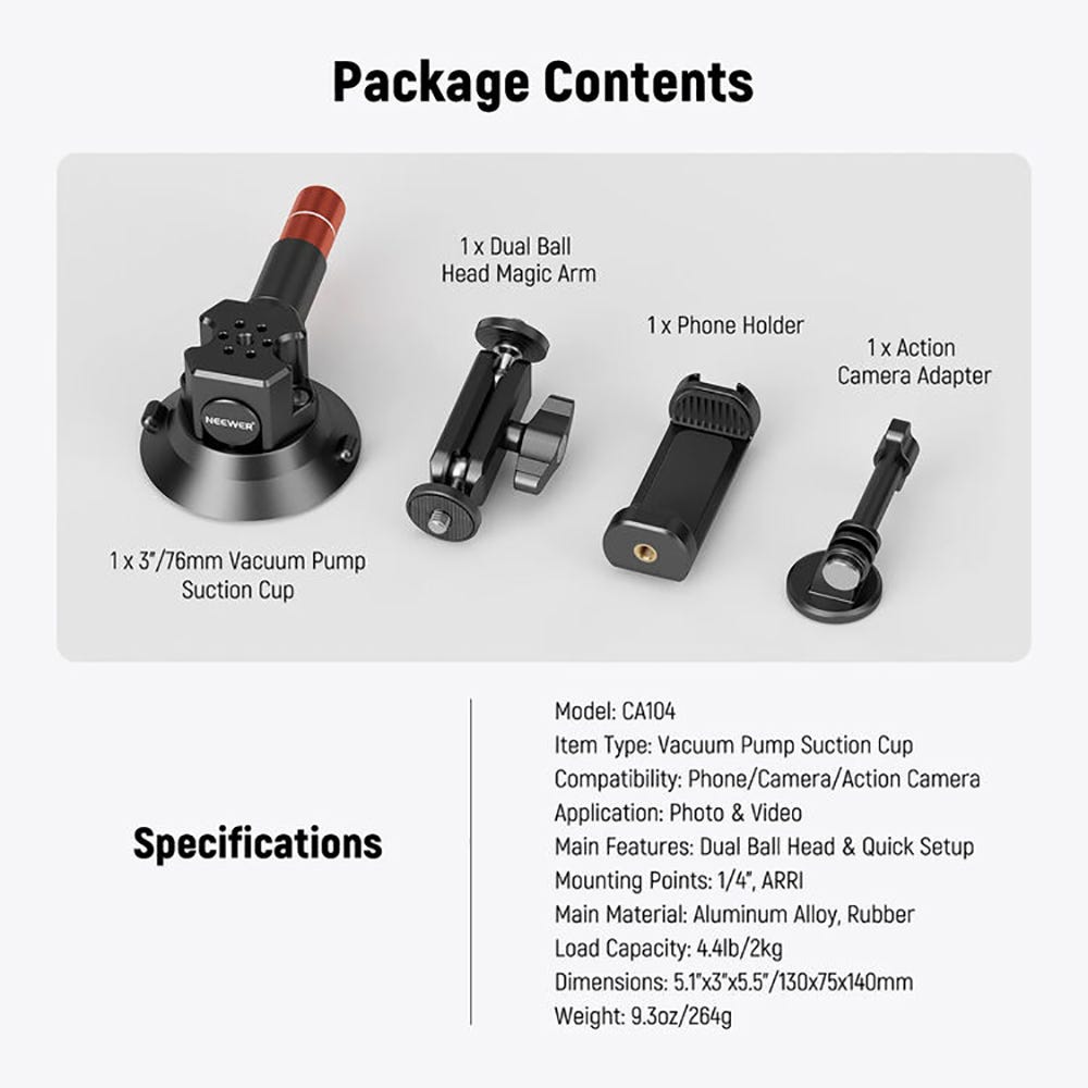 NEEWER CA104 3" Suction Cup Camera Mount with Magic Arm