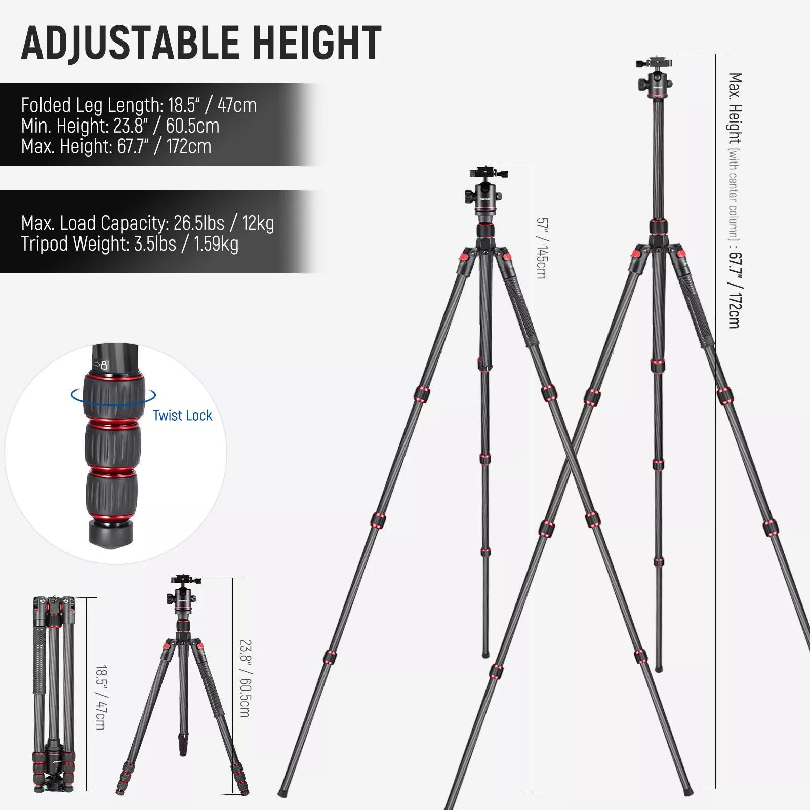NEEWER N55C Carbon Fiber Tripod Kit