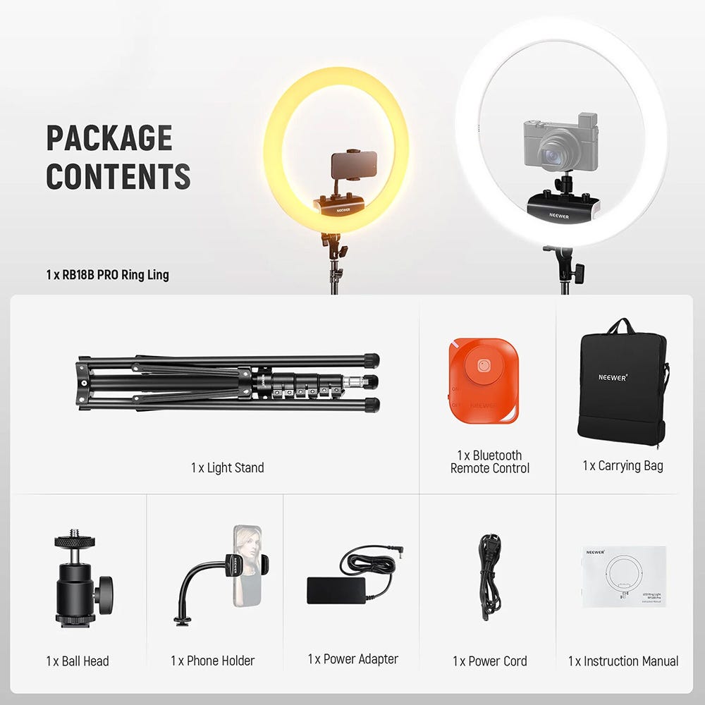 NEEWER RP18B Pro Ring Light Kit with Phone Holder and Light Stand