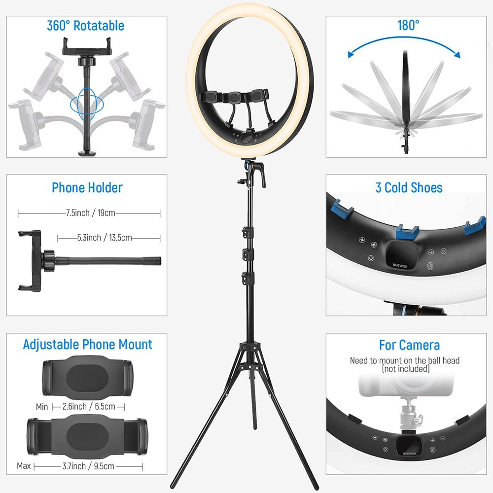 NEEWER RP19H Ring Light Kit with 3 Phone Holders and Light Stand