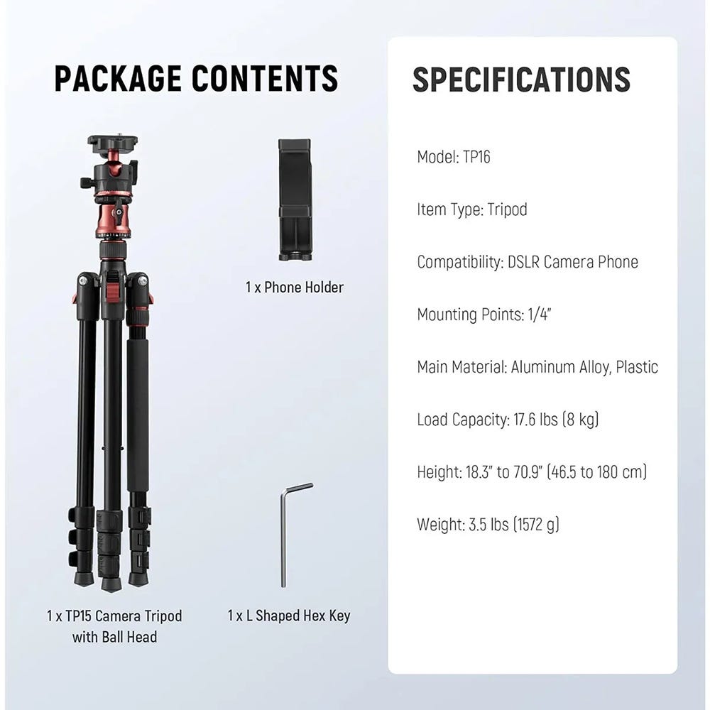 NEEWER TP16 1.8m Aluminium Tripod with Adjustable Center Column