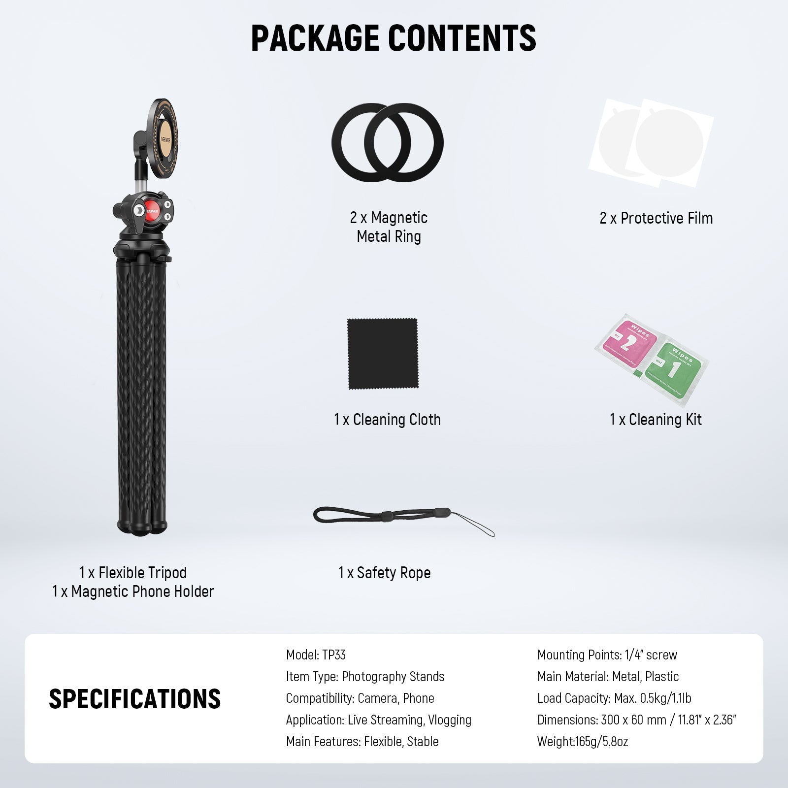 NEEWER TP33 Magnetic Flexible Tripod with Ball Head and Magnetic Phone Holder