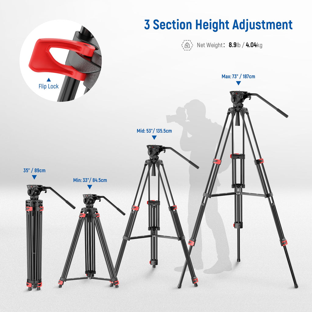 NEEWER TP37 187cm Video Tripod with Fluid Head