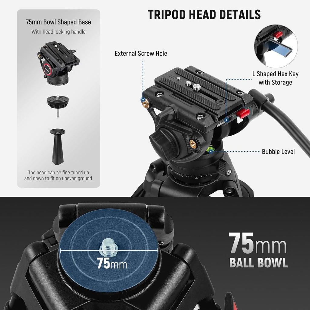 NEEWER TP74 187cm Pro Video Tripod with Fluid Head
