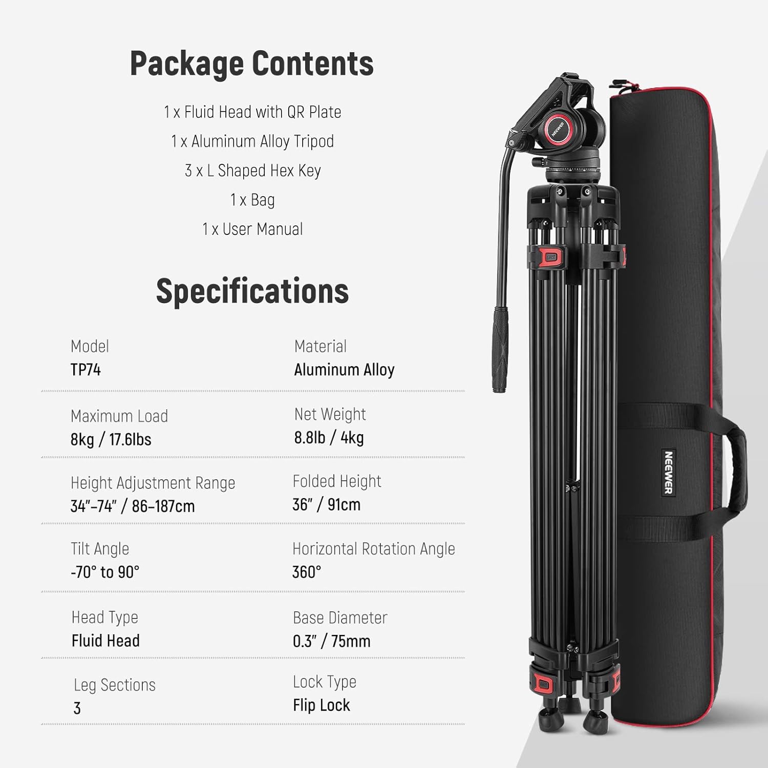 NEEWER TP74 187cm Pro Video Tripod with Fluid Head