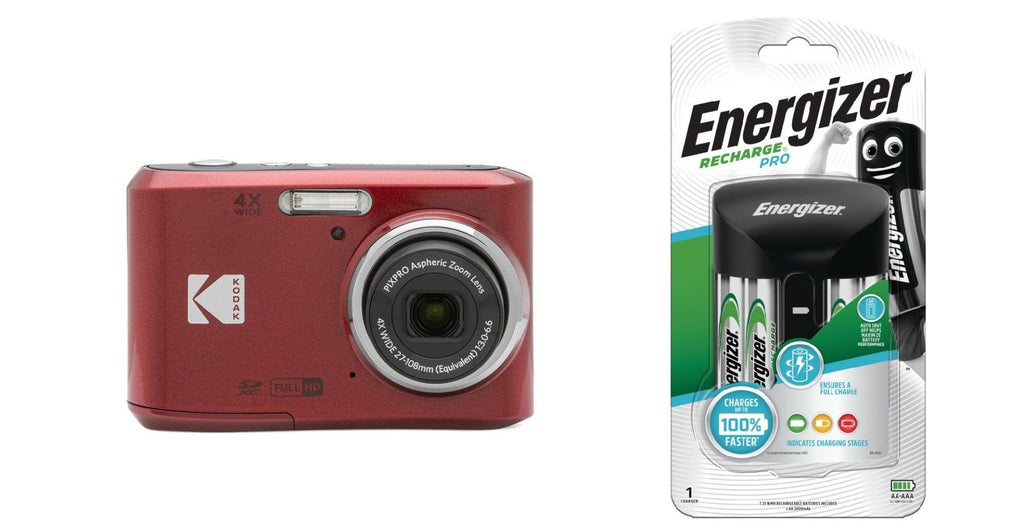 Kodak PIXPRO FZ45 Camera (Red) with Energizer Recharge Charger (4xAA Incl)