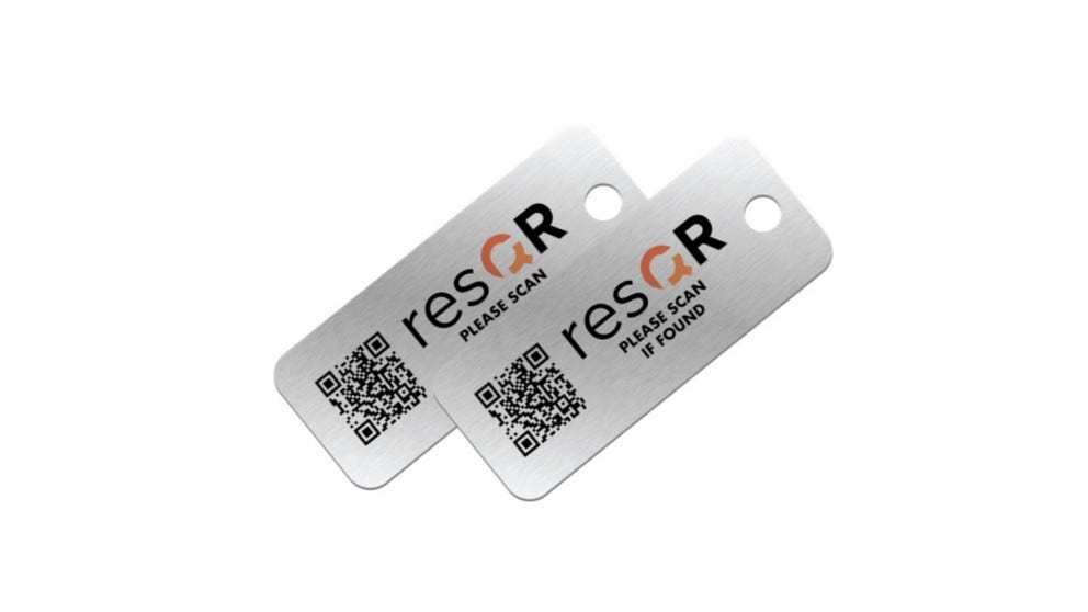 resQR Aluminium Tag Pack (2 x Lost Item Recovery Scratch Resistant Key/Bag Tags)