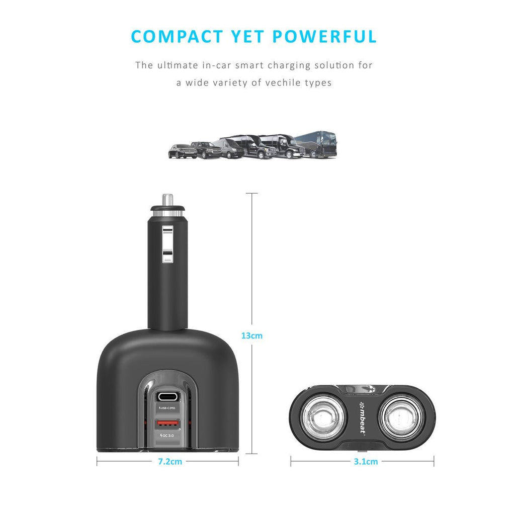 Mbeat Gorilla Power Dual Port USB-C & QC 3.0 Car Charger with Cigar Lighter Splitter