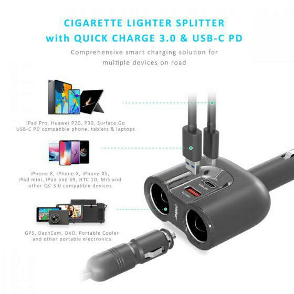 Mbeat Gorilla Power Dual Port USB-C & QC 3.0 Car Charger with Cigar Lighter Splitter