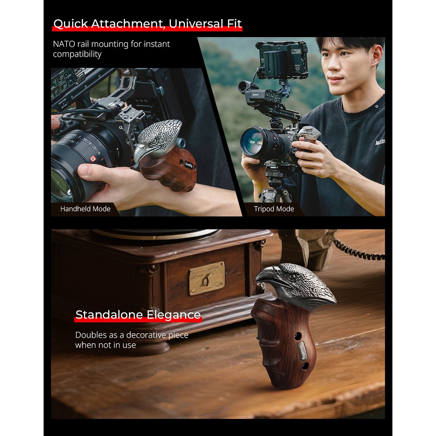 SmallRig Rotating Left-Side Wooden Handle with NATO Clamp 4817