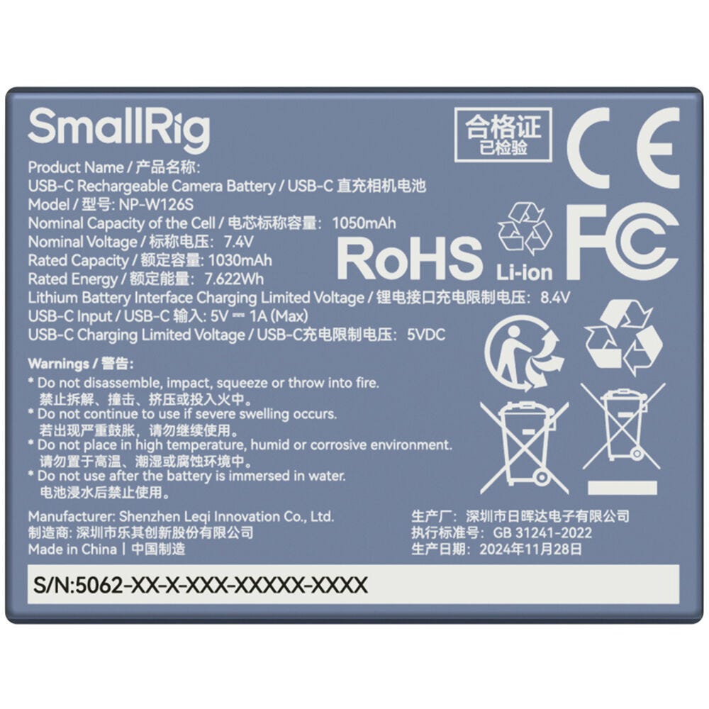 SmallRig NP-W126S USB-C Rechargeable Camera Battery 5062