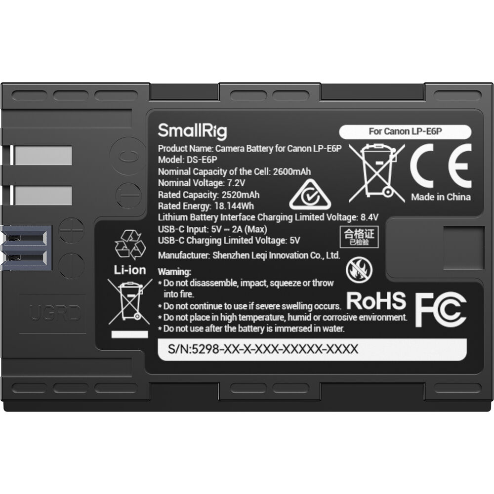 SmallRig USB-C Camera Battery with Power Display for Canon LP-E6P 5298