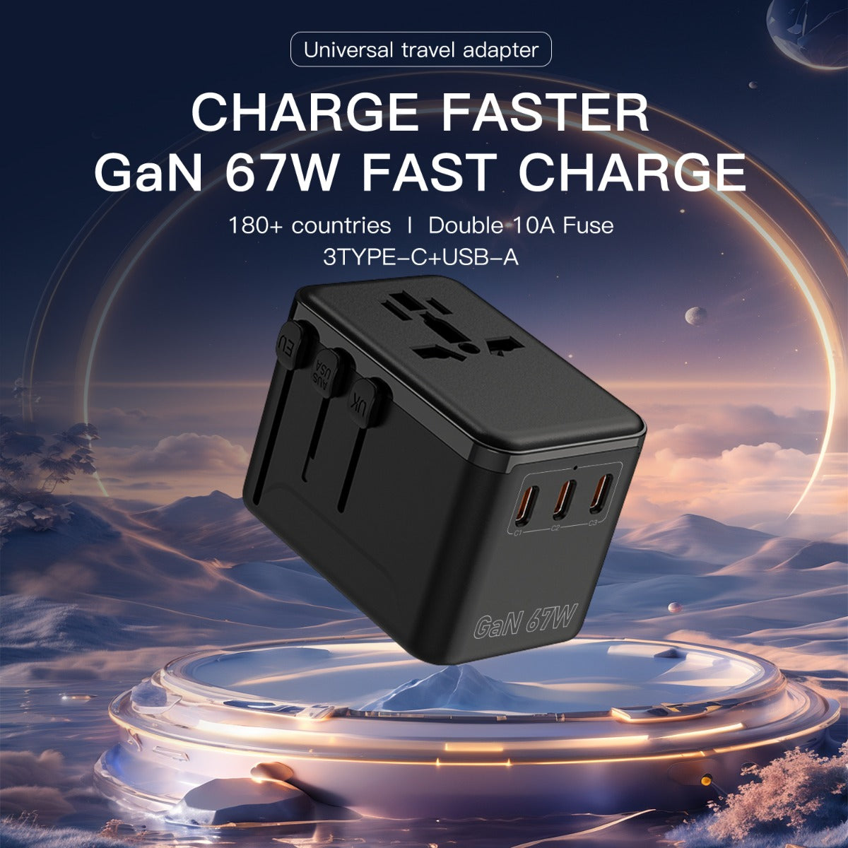 Universal Travel Adapter 67W GaN with 4-Port USB and Type-C Charging