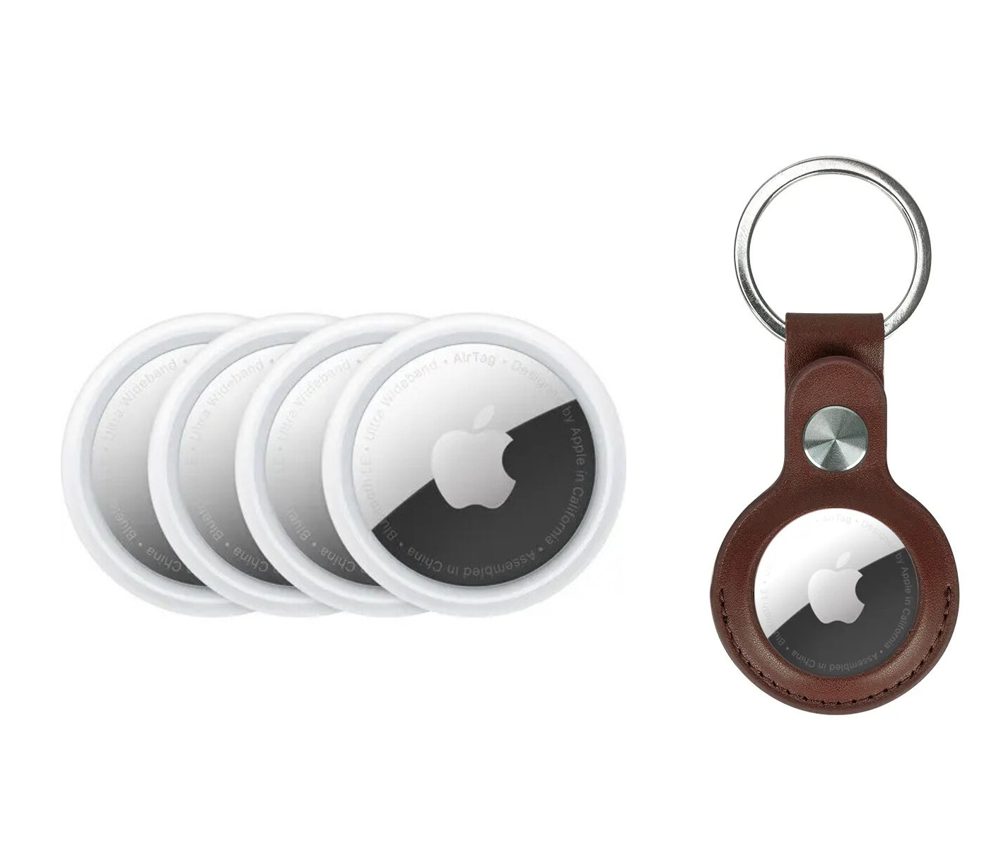 Apple Airtag 4 Pack with 4x PU Leather Key Ring (Brown)