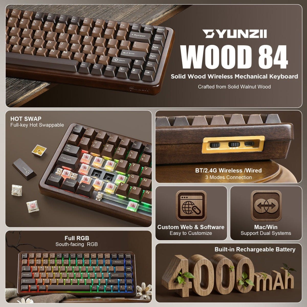 YUNZII WOOD84 Wireless Tri-Mode Keyboard (Candy Linear Switch)