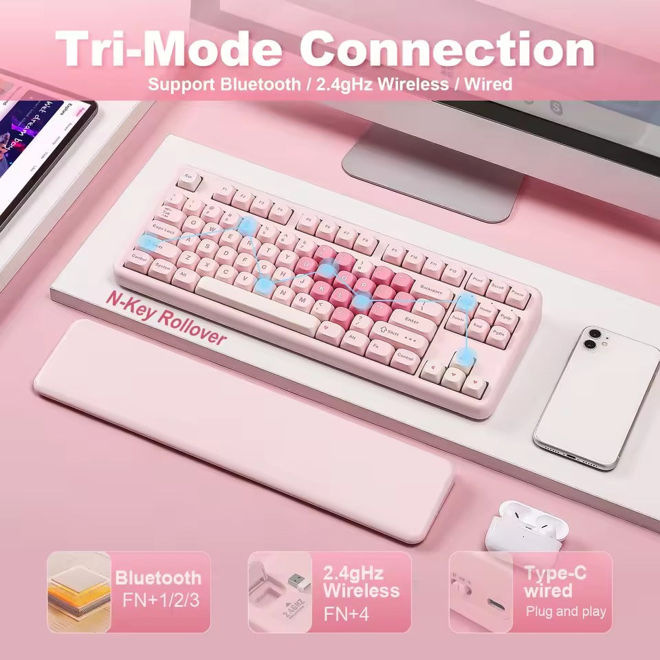 YUNZII B87 Mechanical Keyboard with Wrist Rest (Pink) (Cocoa Cream V2 Switch)