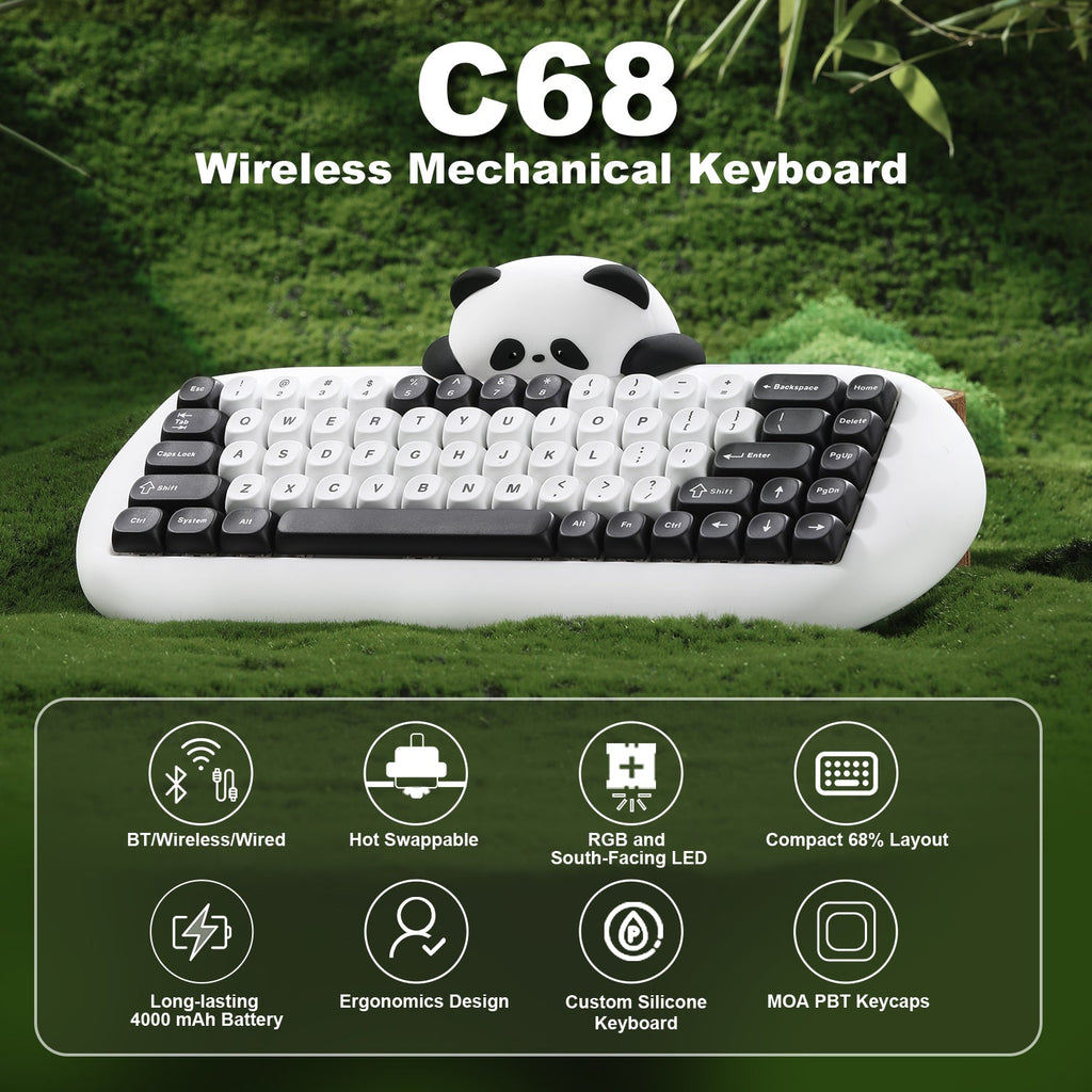 YUNZII C68 Panda Wireless Mechanical Keyboard (White) (Panda Switch)
