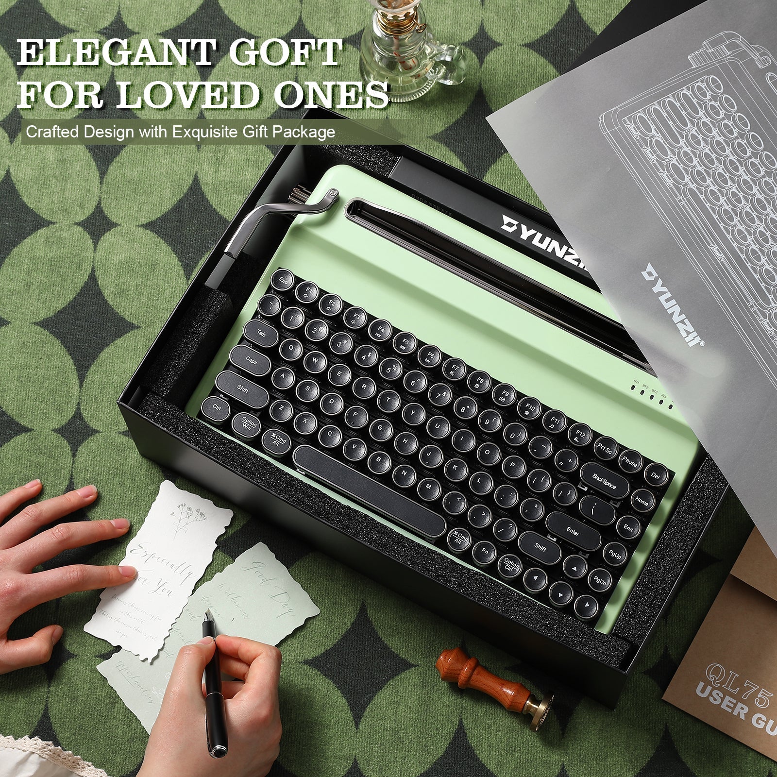 YUNZII QL75 Retro Typewriter Mechanical Keyboard (Green) (Onyx Tactile Switch)