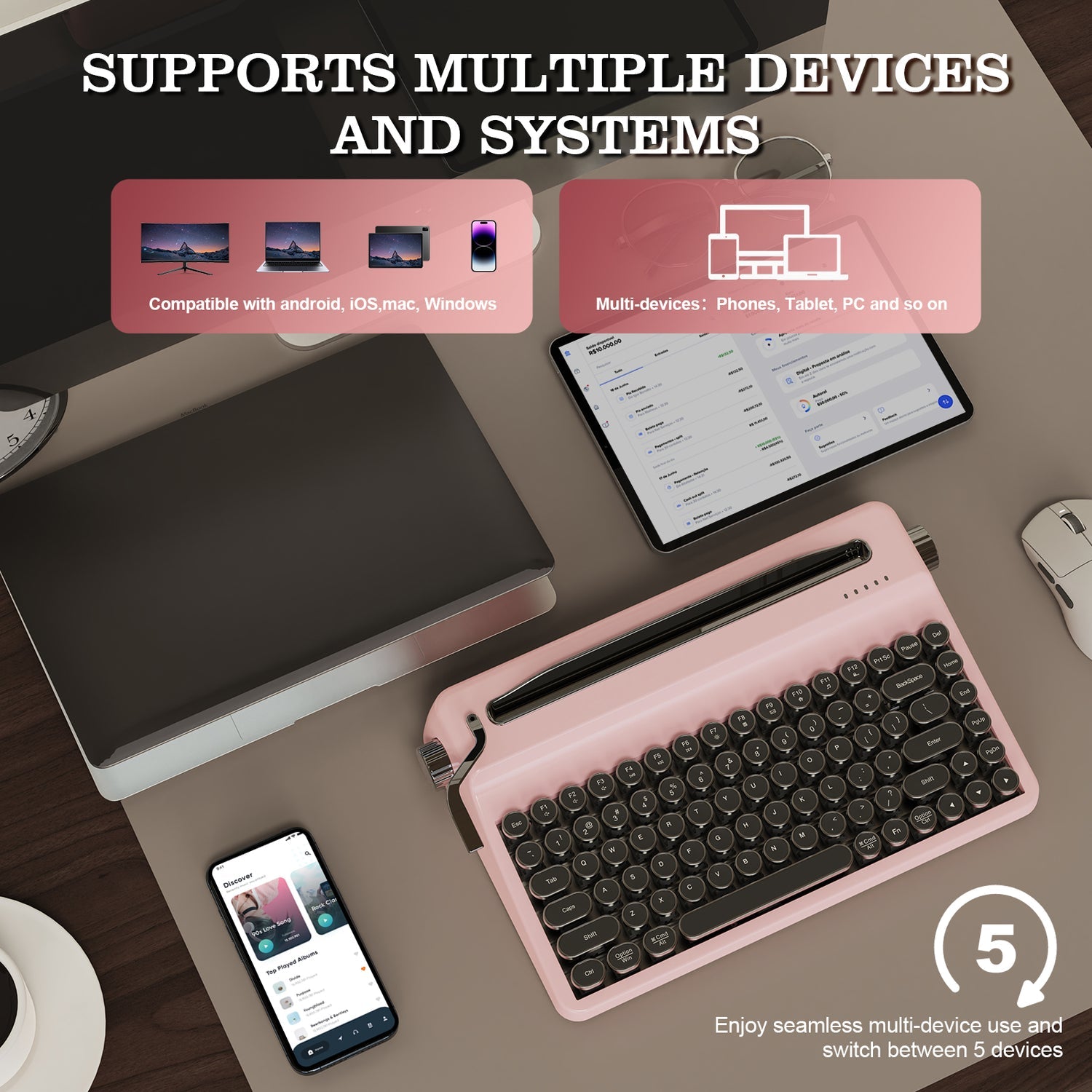 YUNZII QL75 Retro Typewriter Mechanical Keyboard (Pink) (Onyx Tactile Switch)