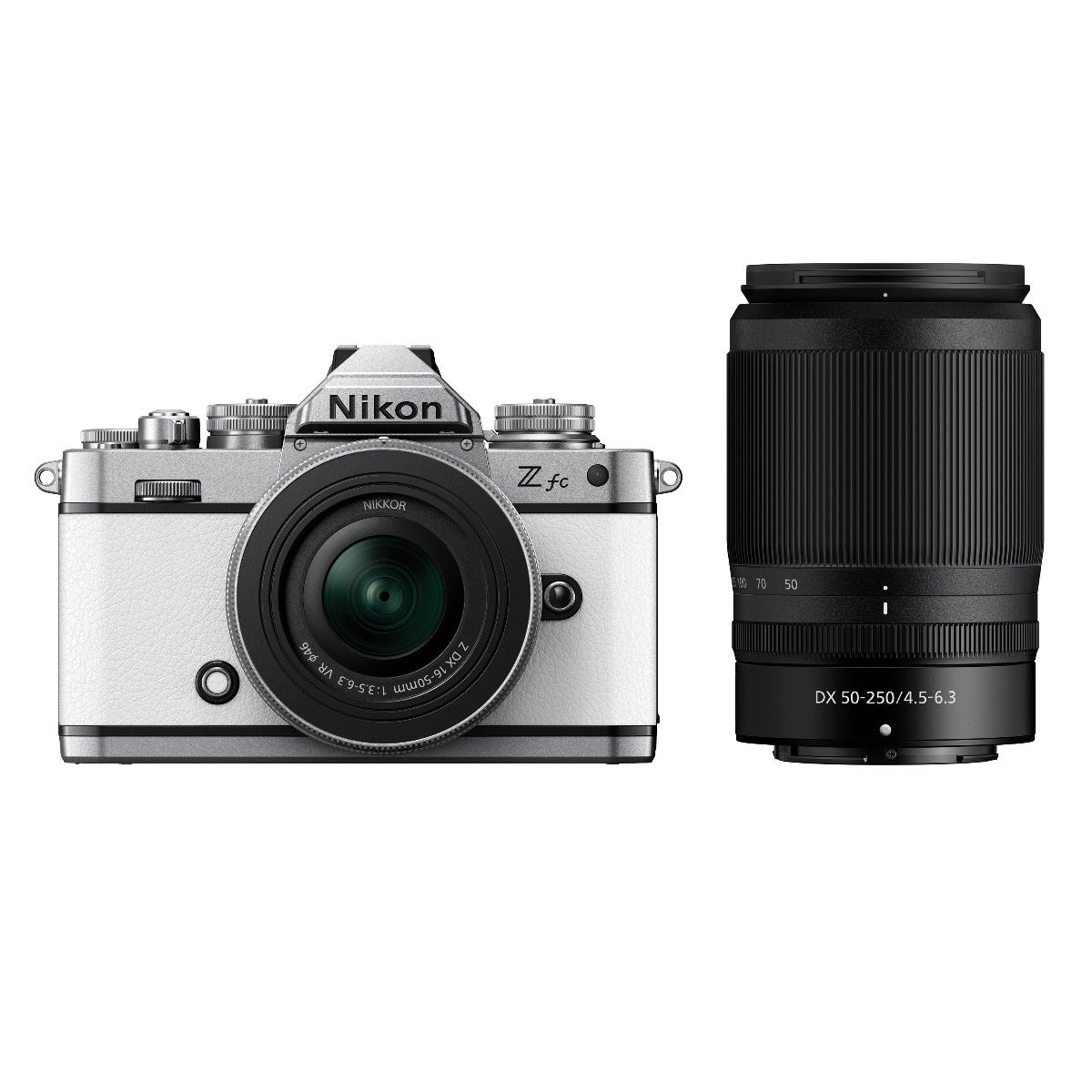 Nikon Z fc Body White with Nikkor Z 16-50mm VR and Z 50-250mm VR Lens