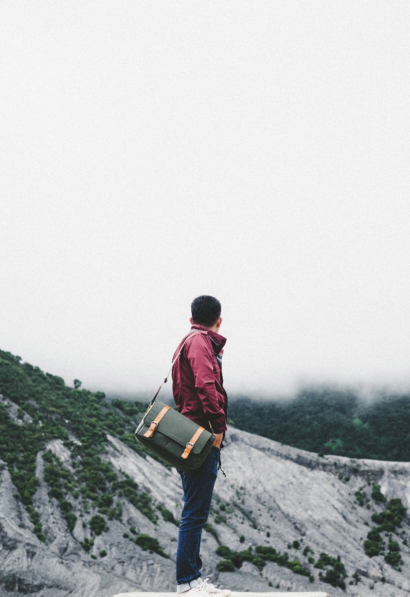 Man outdoors with camera bag