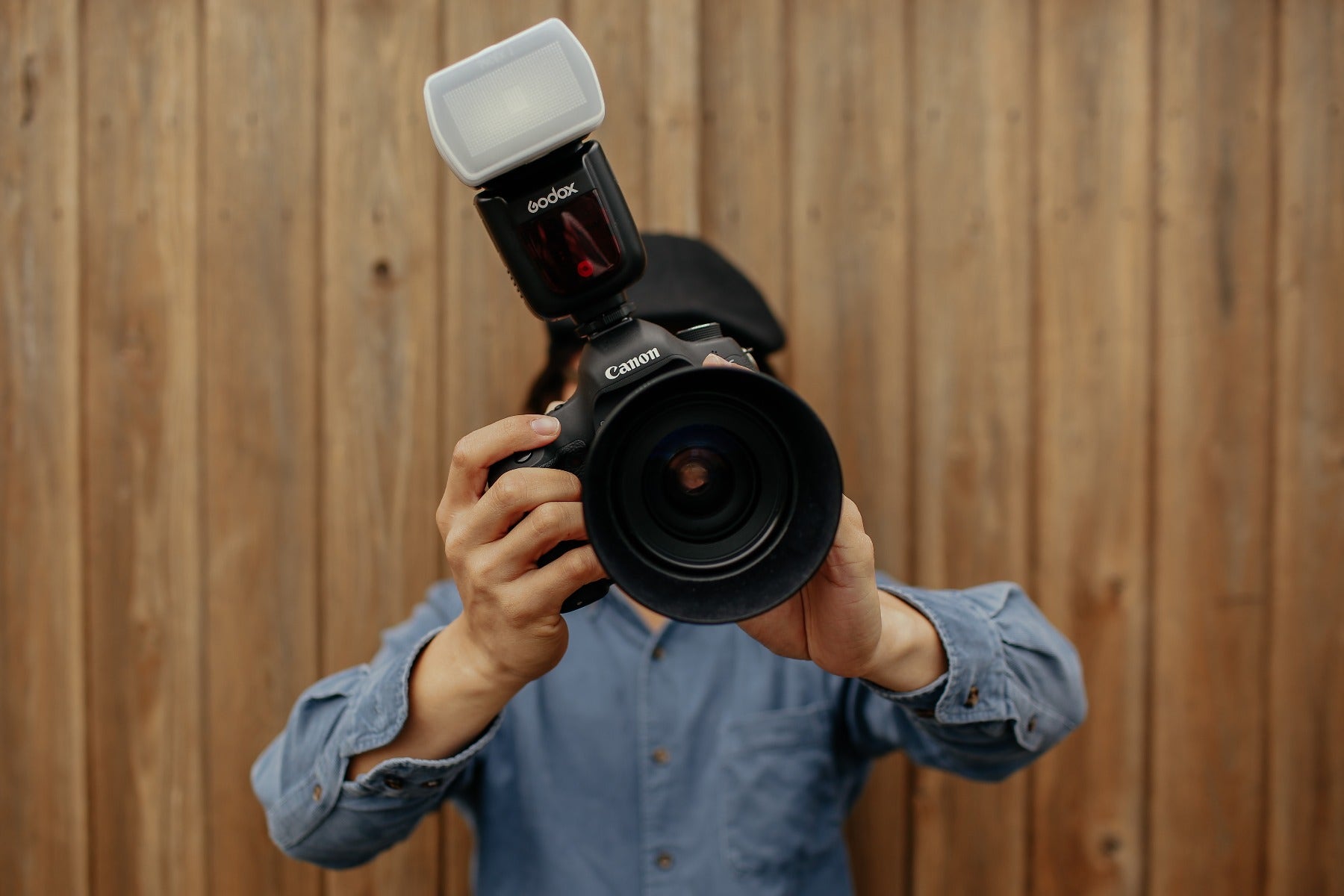 Man using Godox flash on a Canon camera