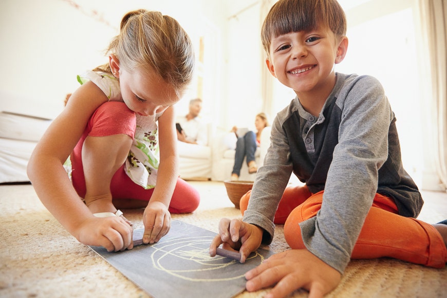 Children colouring, show from below