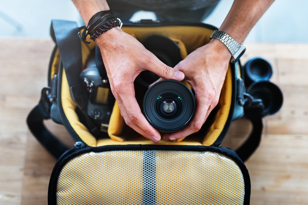 Camera bag with lens